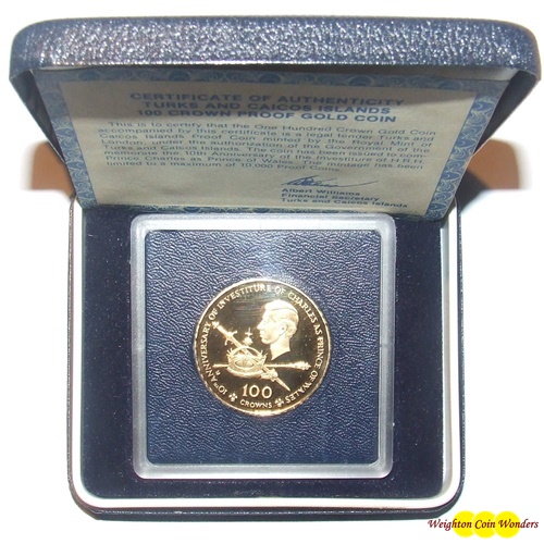 1979 Turks & Caicos Gold 100 Crowns - Click Image to Close